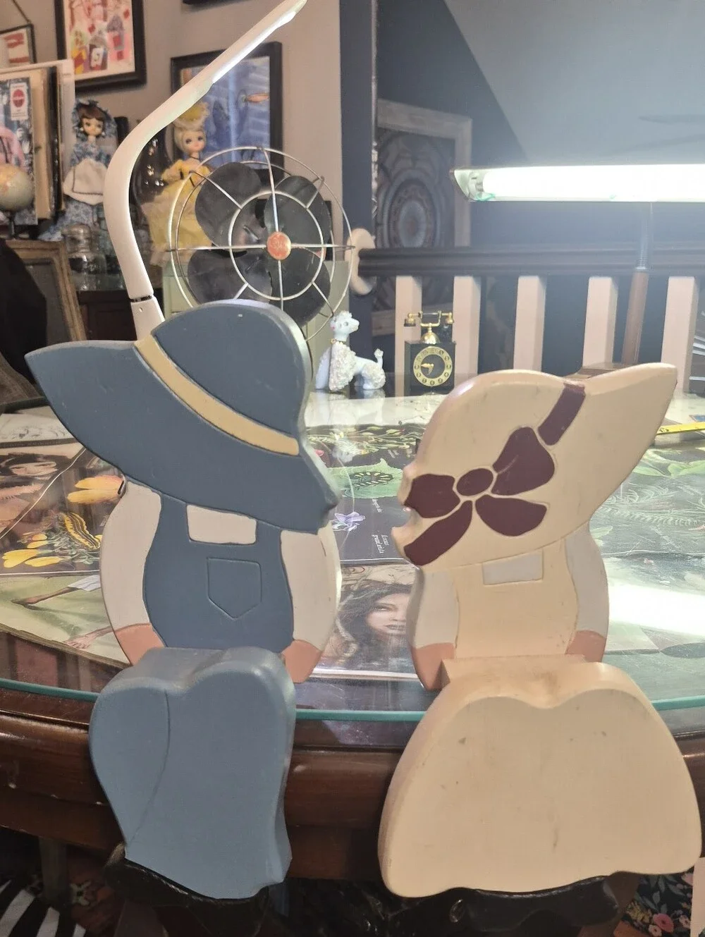 Handcrafted Blue and Cream Sunbonnet Wooden Figurine Pair - Unbranded